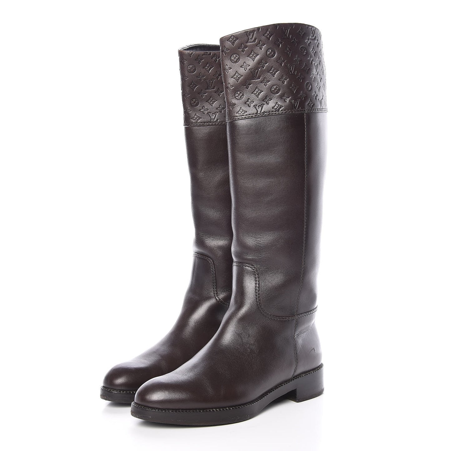 Calfskin Embossed Monogram Knee High Riding Boots 37 Brown