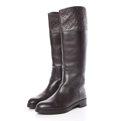 Louis Vuitton Calfskin Embossed Monogram Knee High Riding Boots 37 Brown 3 of 15