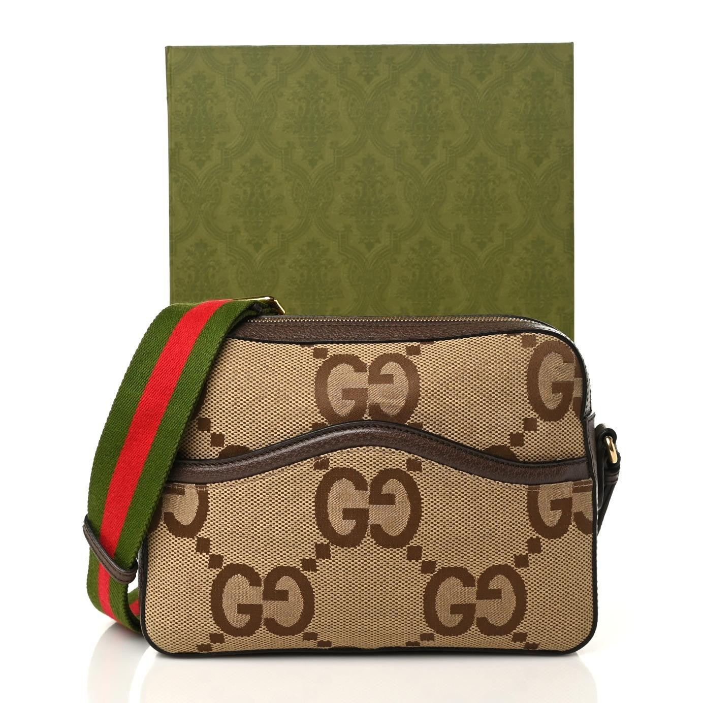 Monogram Jumbo GG Textured Dollar Calfskin Web Messenger Shoulder Bag Camel Ebony New Acero