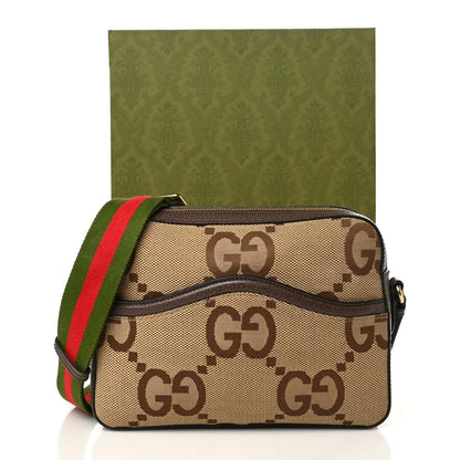 Gucci Monogram Jumbo GG Textured Dollar Calfskin Web Messenger Shoulder Bag Camel Ebony New Acero 10 of 10