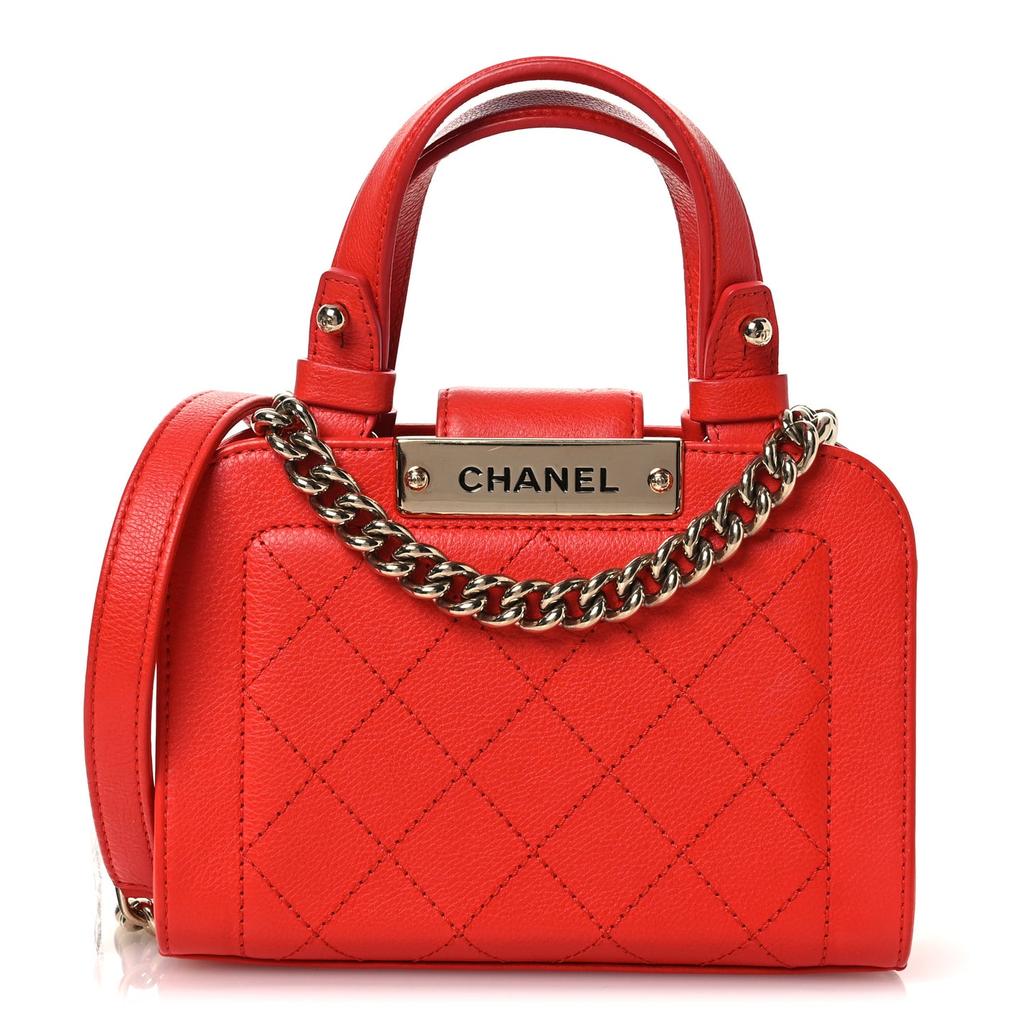 Grained Calfskin Stitched Mini Label Click Shopper Tote Red