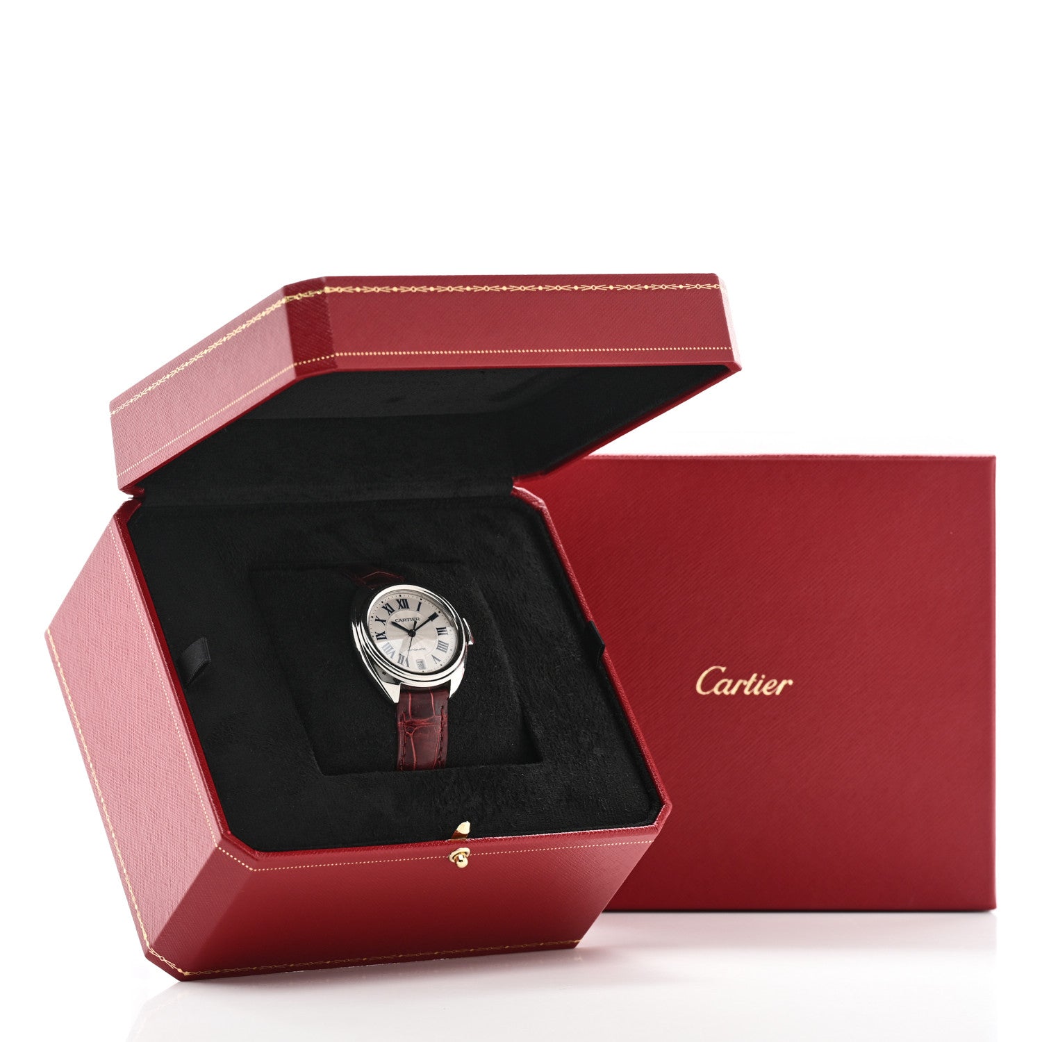 Cartier Stainless Steel Alligator 35mm Cle De Cartier Automatic Watch Burgundy 5 of 5