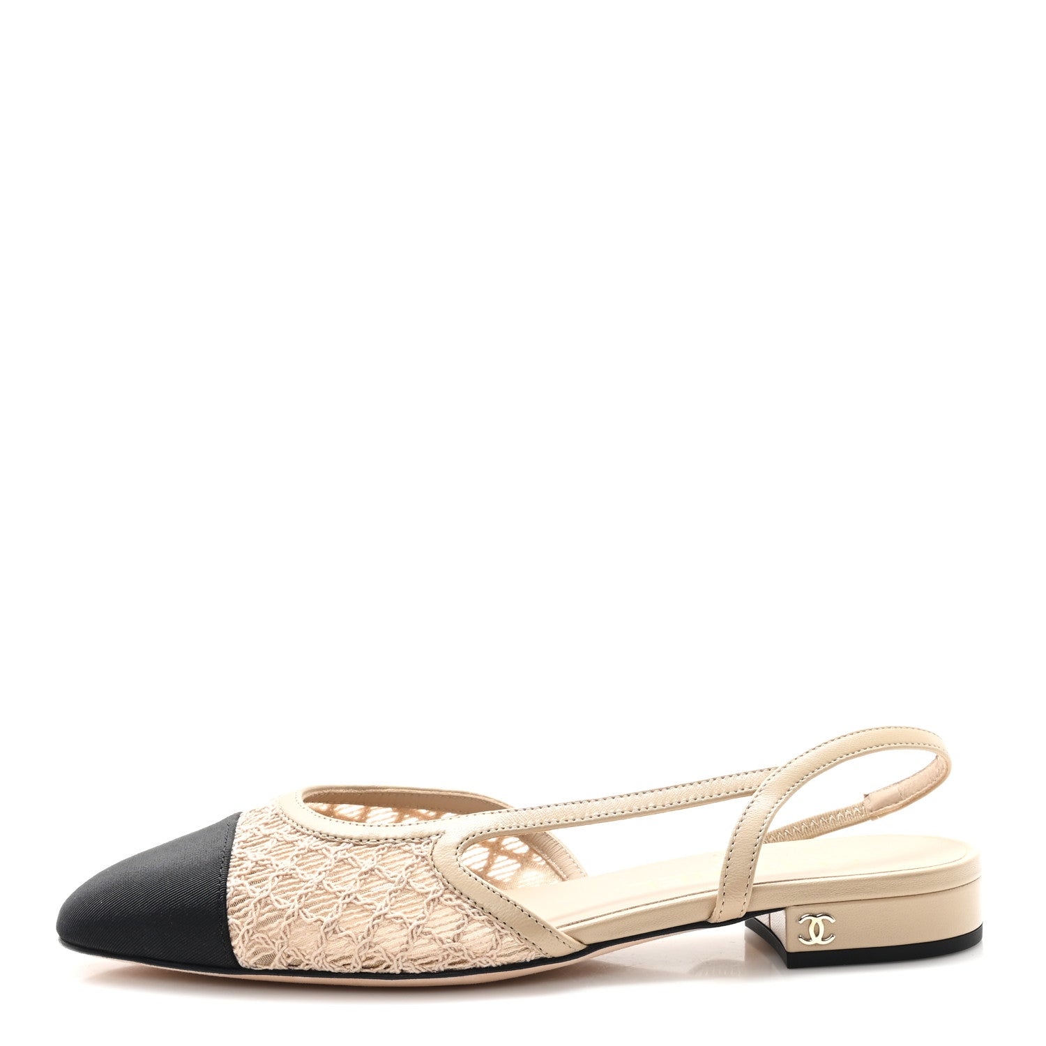 Chanel Embroidery Grosgrain Cap Toe CC Slingback Flats 37 Beige Black 1 of 9