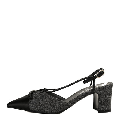 Chanel Tweed Satin Slingback Cap Toe Bow Pumps 39.5 Grey Black 1 of 11