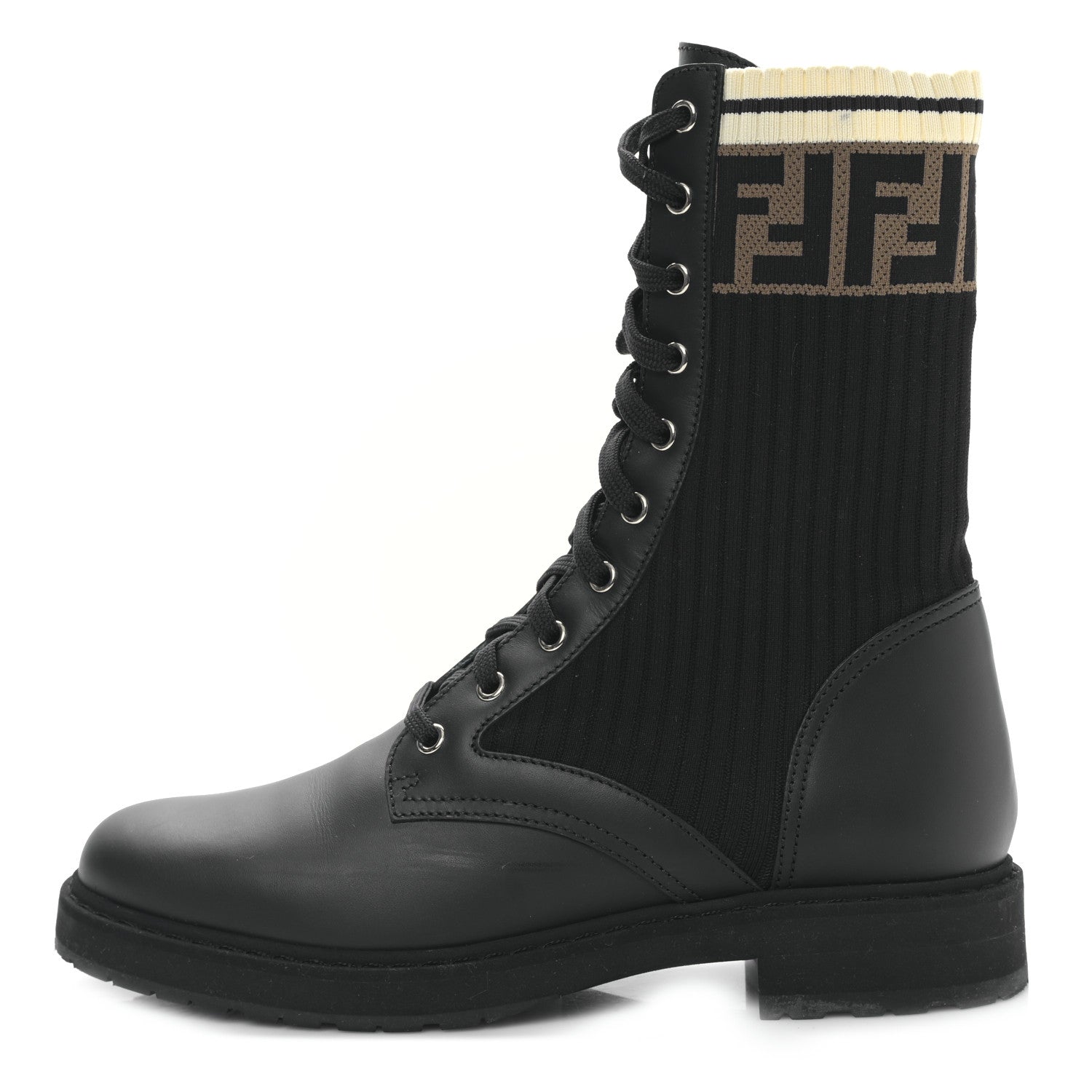 Fendi Calfskin Stretch Fabric Rockoko Biker Boots 41 Tobacco Black Marino 1 of 6