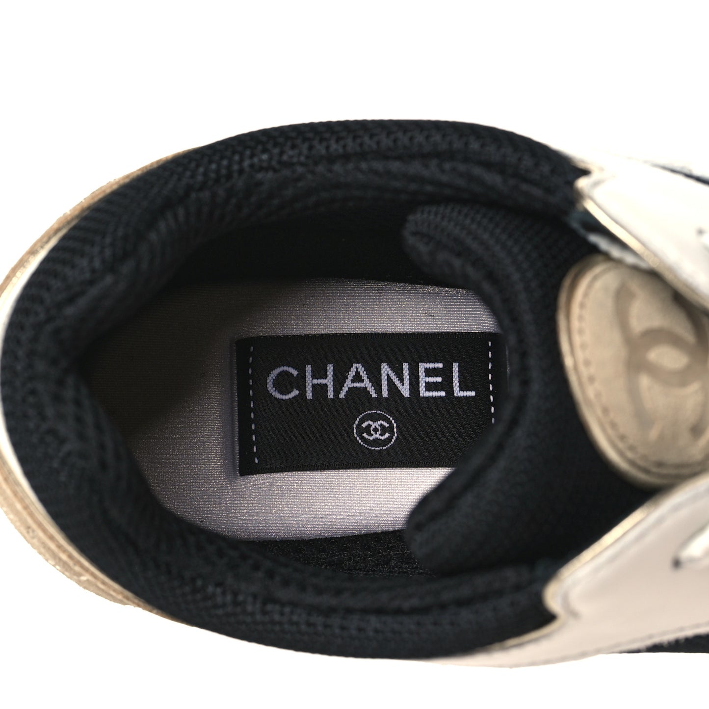 Mesh Suede Calfskin Womens CC Sneakers 38.5 White Black Beige Gold