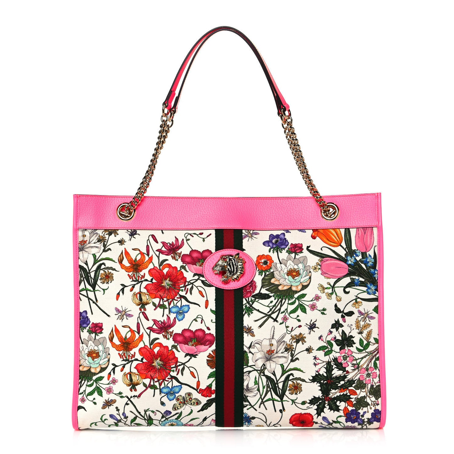Canvas Flora Large Rajah Chain Tote White Multicolor Fuxia Fluo
