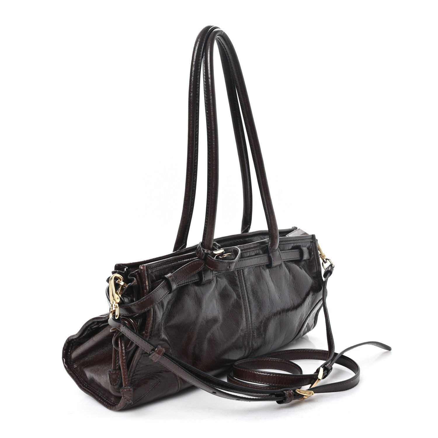 Prada Glossy Calfskin Triangle Medium Bonnie Shoulder Bag Dark Brown 3 of 9