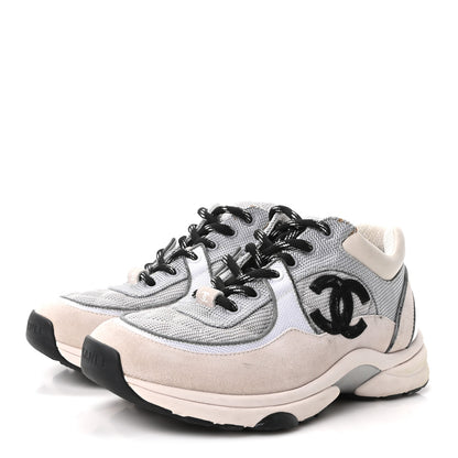 Chanel Mesh Suede Calfskin Grained Calfskin Womens CC Sneakers 37.5 Grey White 4 of 10