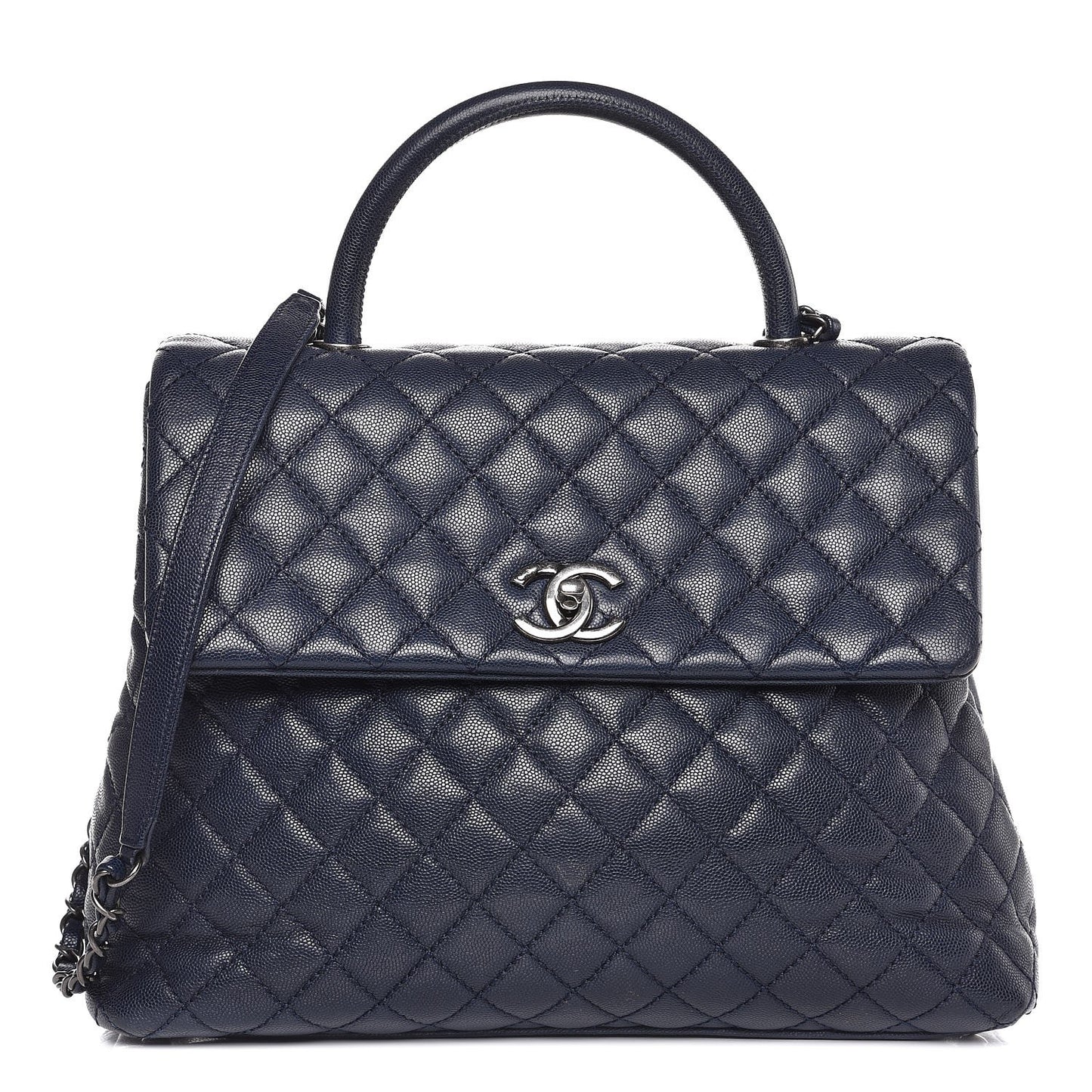 Caviar Quilted Large Coco Handle Flap Navy Blue