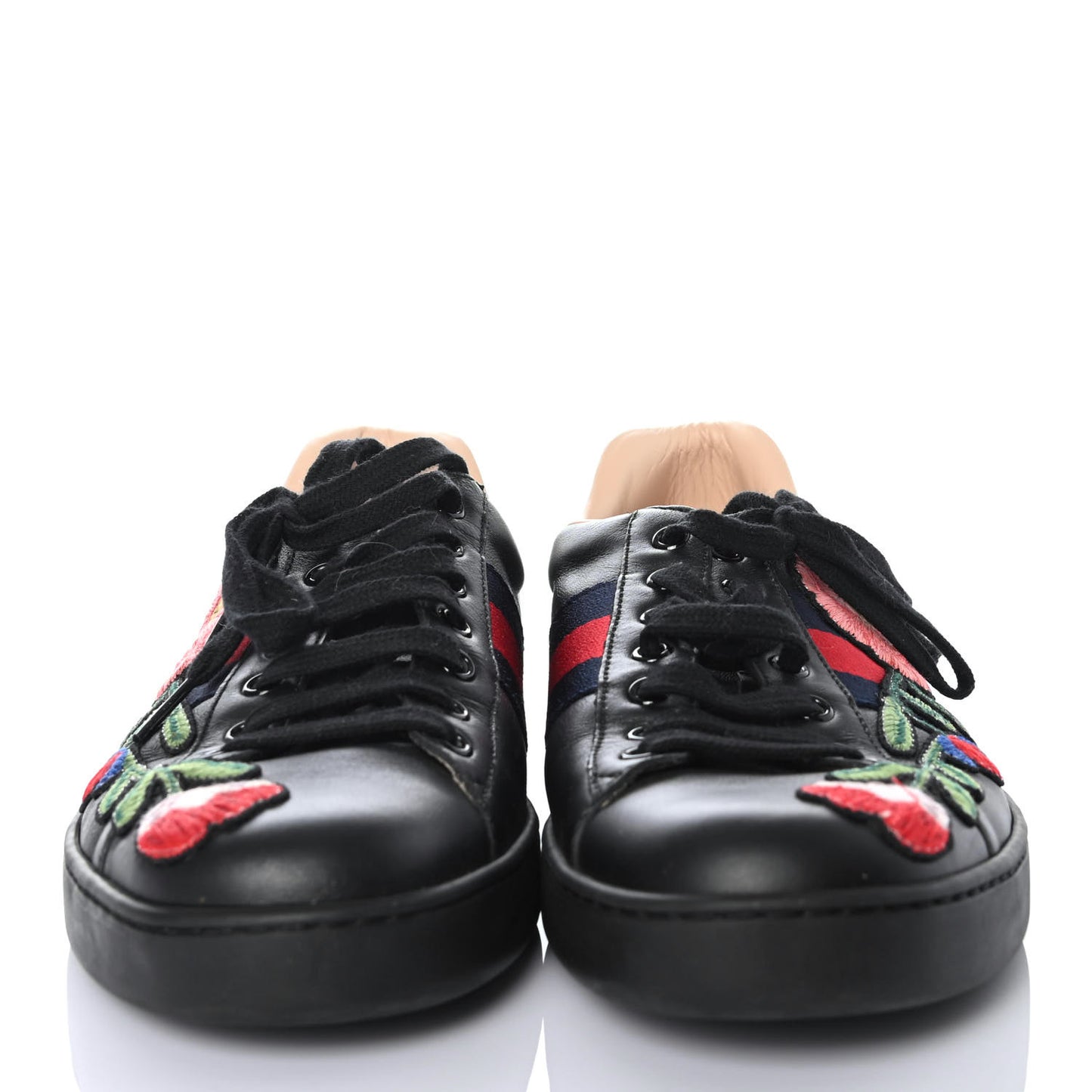 Calfskin Web Floral Embroidered Mens Ace Sneakers 8 Black