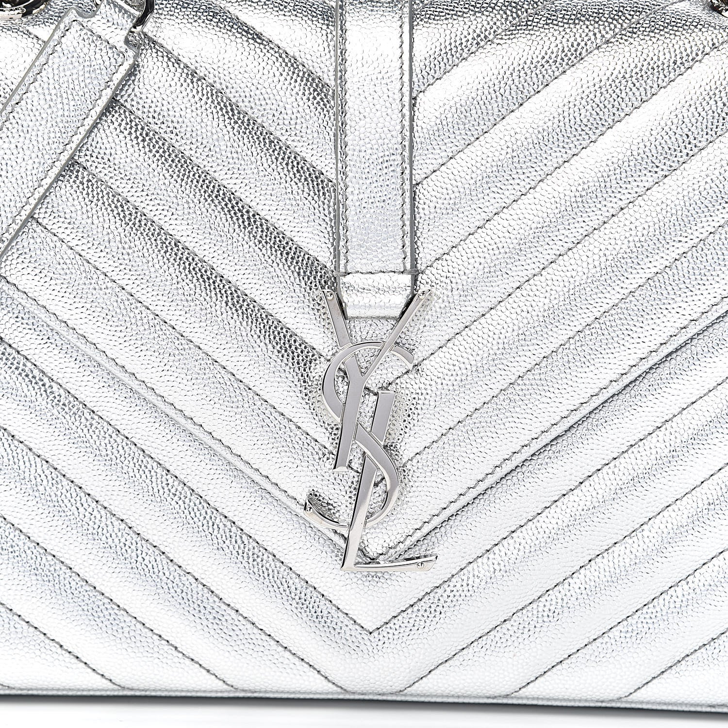Saint Laurent Metallic Grain De Poudre Matelasse Chevron Medium Monogram Satchel Silver 11 of 11