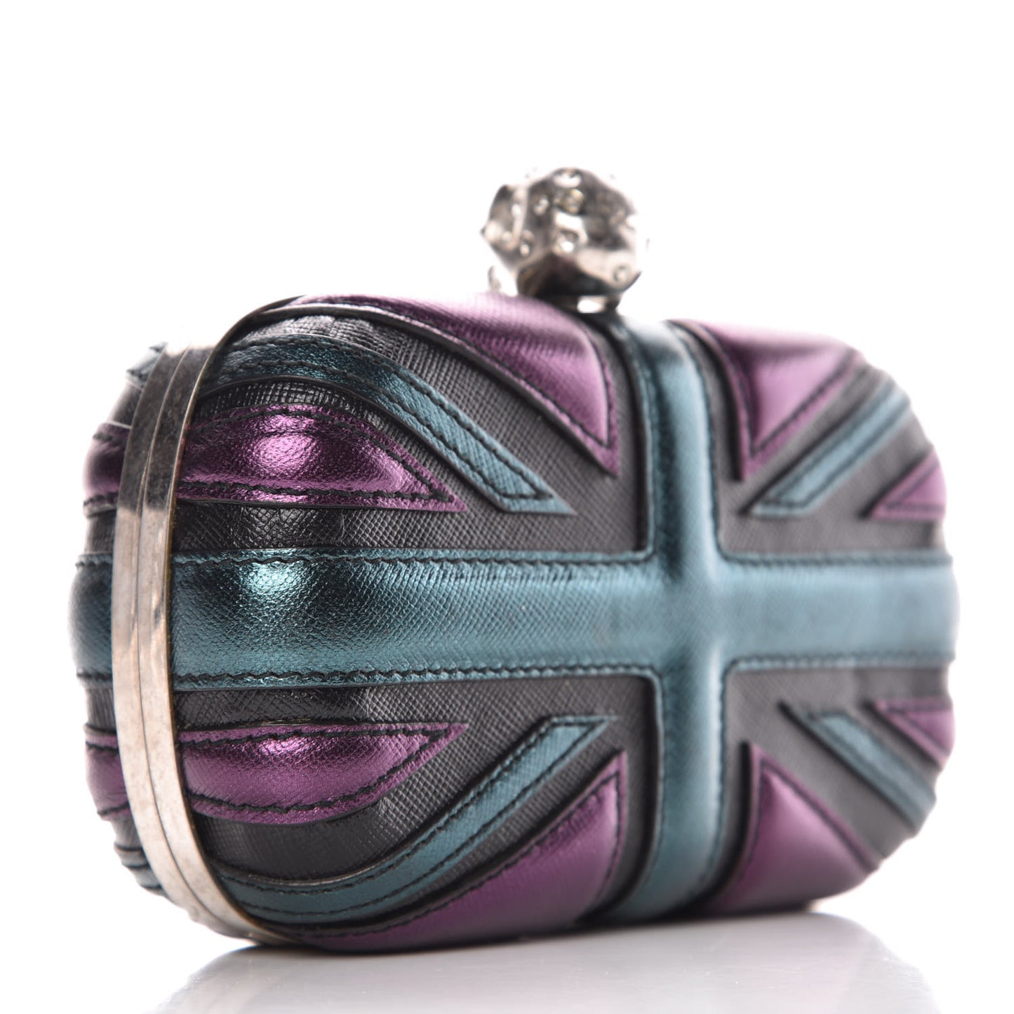 Metallic Saffiano Britannia Skull Box Clutch Green Black Purple