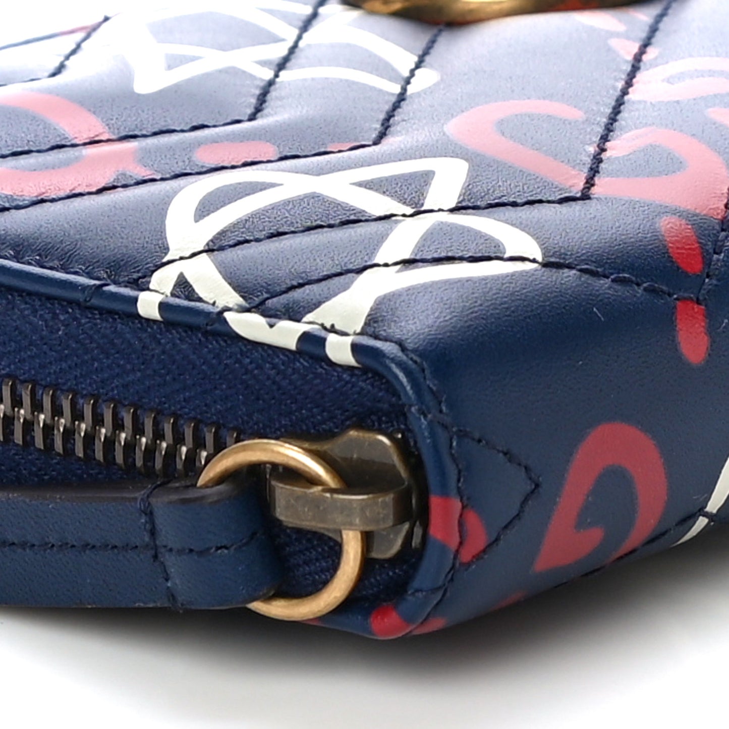 Calfskin Matelasse GucciGhost GG Marmont Zip Around Wallet Blue Agata Hibiscus Red