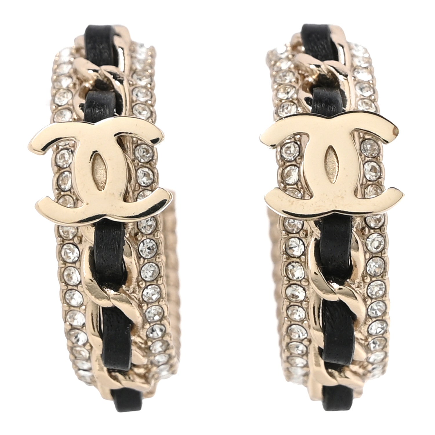 Chanel Lambskin Crystal Chain Chanel Strass CC Earrings Black Gold 1 of 5