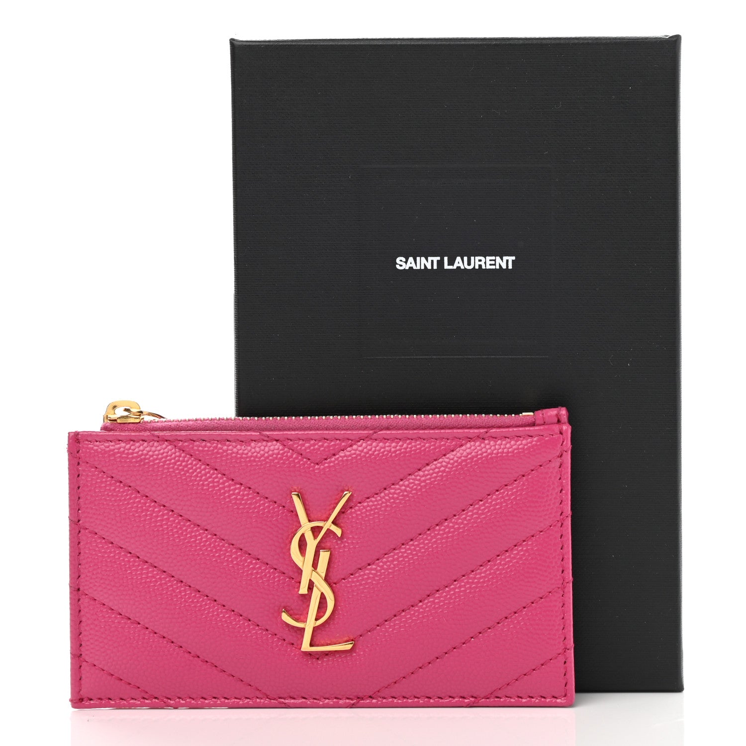 Saint Laurent Grain De Poudre Matelasse Chevron Monogram Fragments Zippered Card Case Fresh Fuxia 8 of 8