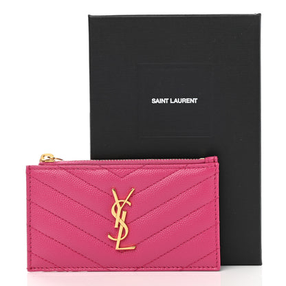 Saint Laurent Grain De Poudre Matelasse Chevron Monogram Fragments Zippered Card Case Fresh Fuxia 8 of 8