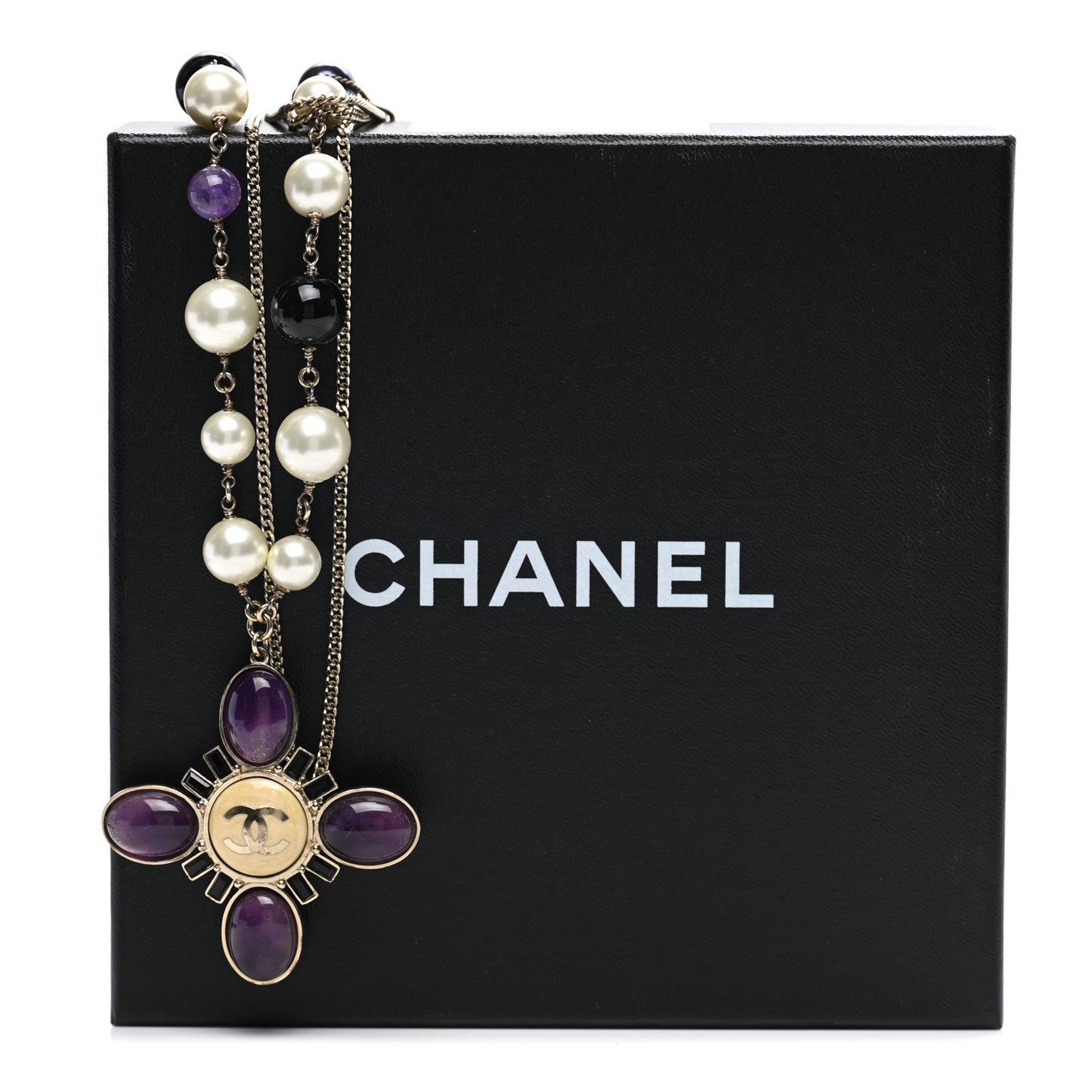Gripoix Pearl CC Layered Pendant Necklace White Purple
