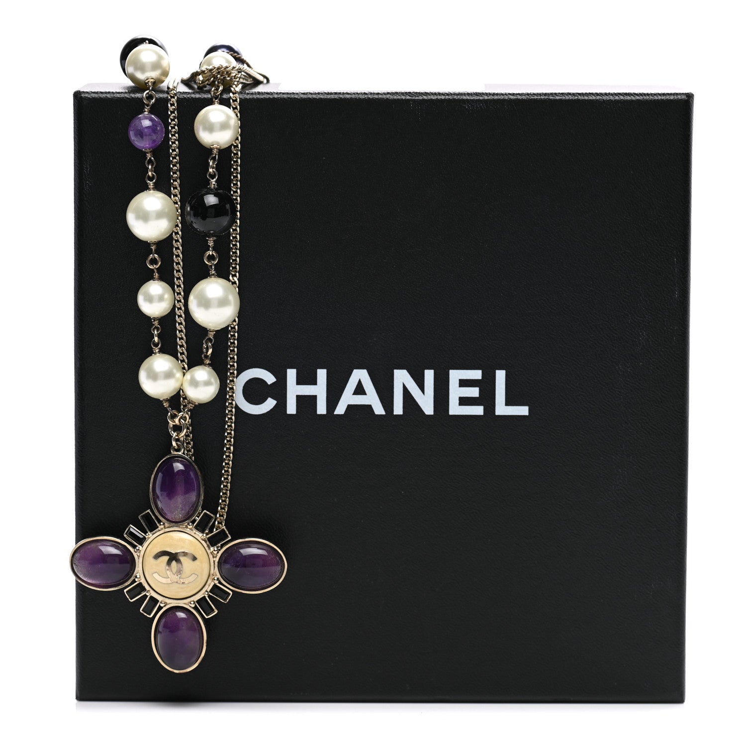 Chanel Gripoix Pearl CC Layered Pendant Necklace White Purple 5 of 5