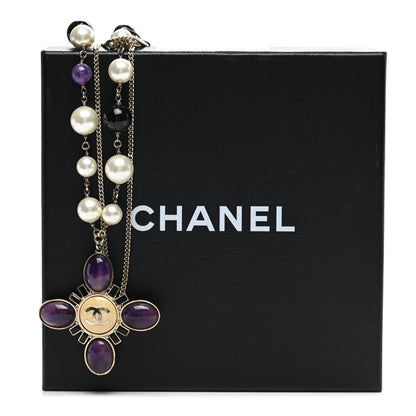 Chanel Gripoix Pearl CC Layered Pendant Necklace White Purple 5 of 5