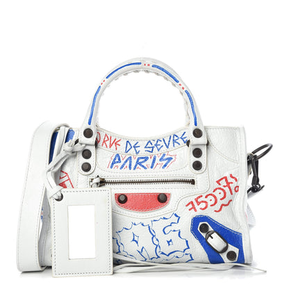 Balenciaga Agneau Graffiti All Over Classic Hardware Mini City White Bleu Rouge 1 of 8