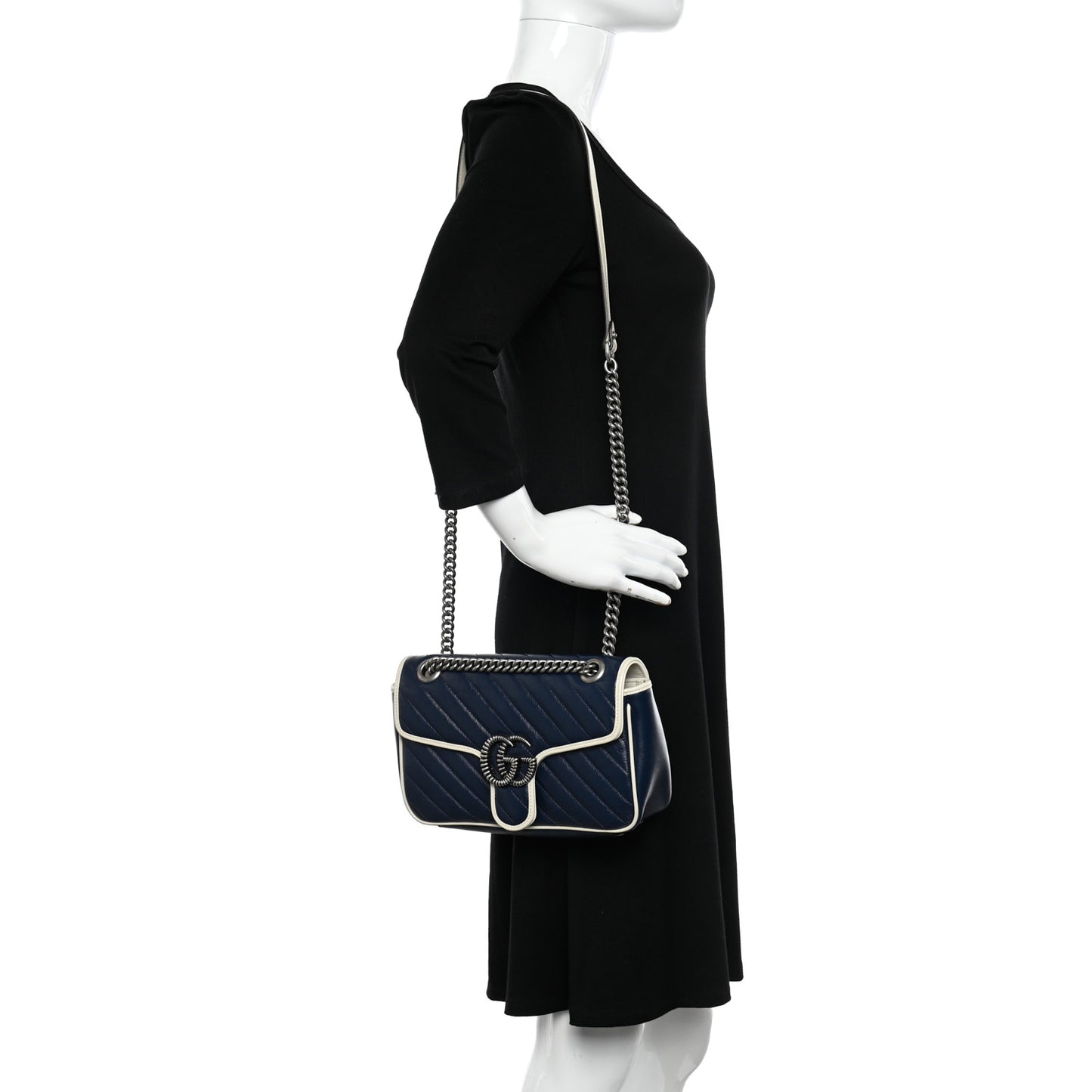 Vintage Effect Calfskin Matelasse Diagonal Small Torchon GG Marmont Shoulder Bag Blue Agata Mystic White