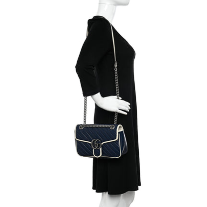 Gucci Vintage Effect Calfskin Matelasse Diagonal Small Torchon GG Marmont Shoulder Bag Blue Agata Mystic White 2 of 10