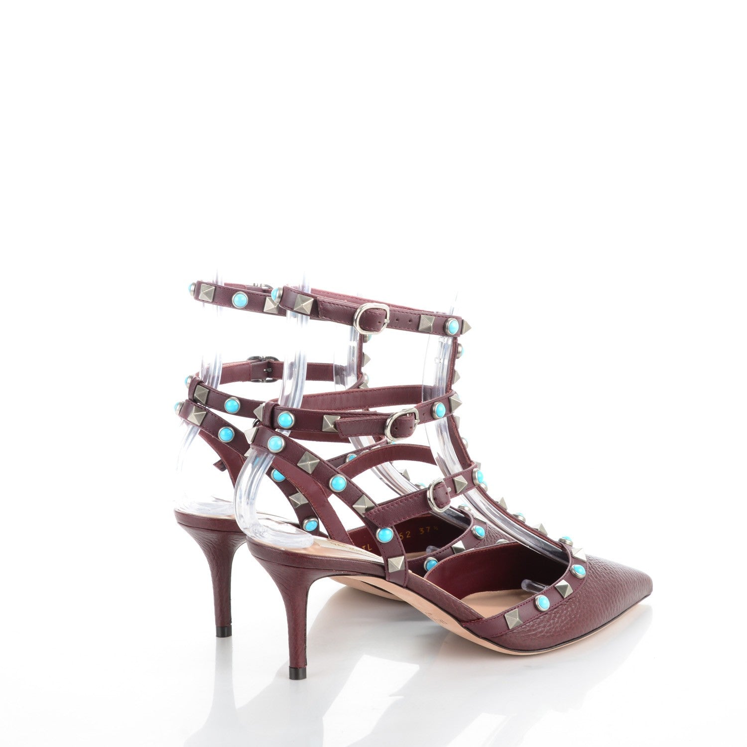 Valentino Garavani Pebbled Calfskin Turquoise Rockstud Rolling Ankle Strap 65mm Pumps 37.5 Rubin 4 of 9