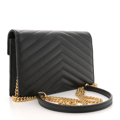 Saint Laurent Grain De Poudre Matelasse Chevron Monogram Envelope Chain Wallet Black 3 of 12