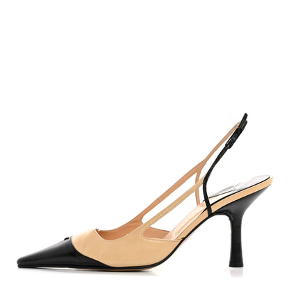 Chanel Lambskin Pointed Cap Toe CC Slingback Heels 39 Beige Black 1 of 14