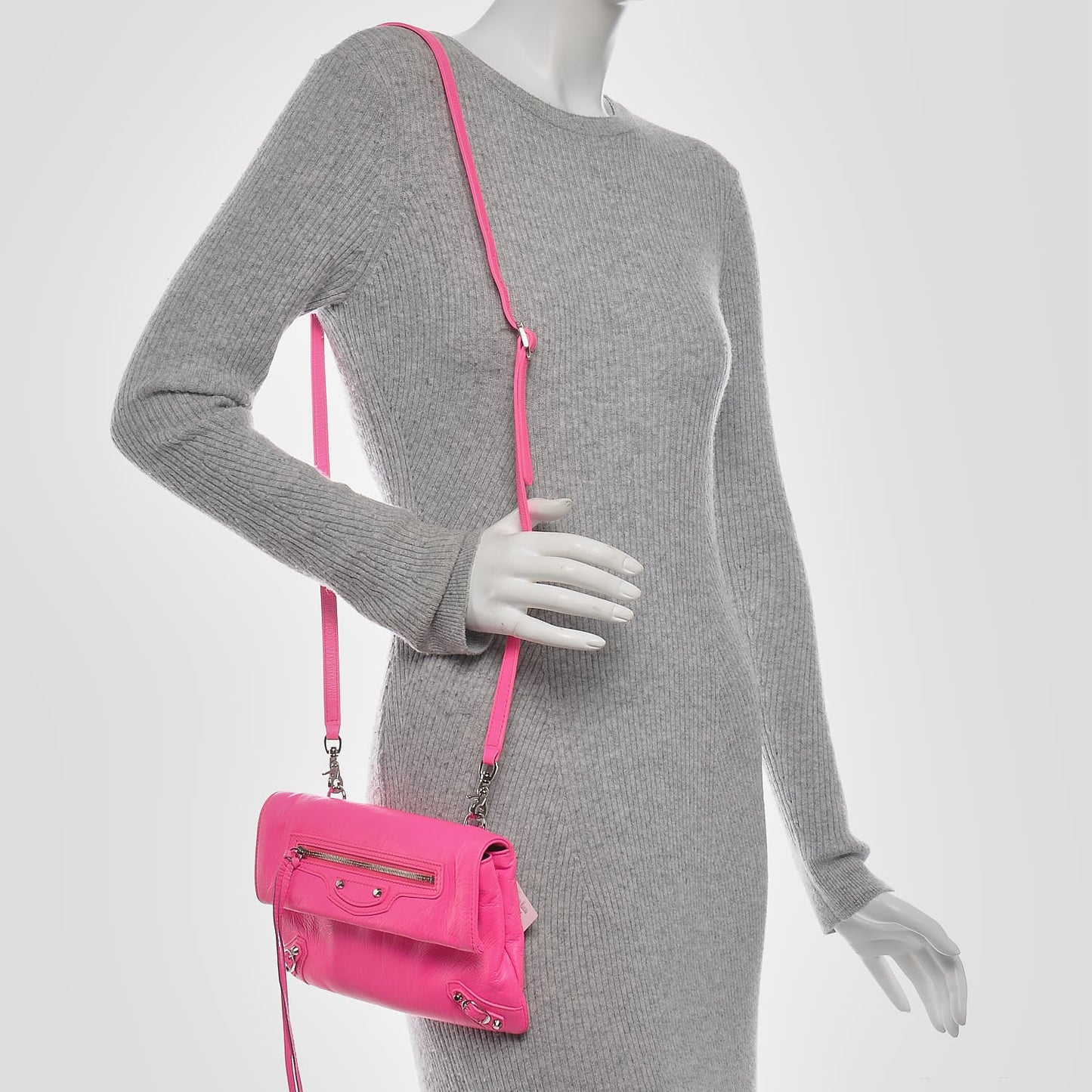 Agneau Classic Silver Hardware Mini Envelope Strap Clutch Rose Fluo
