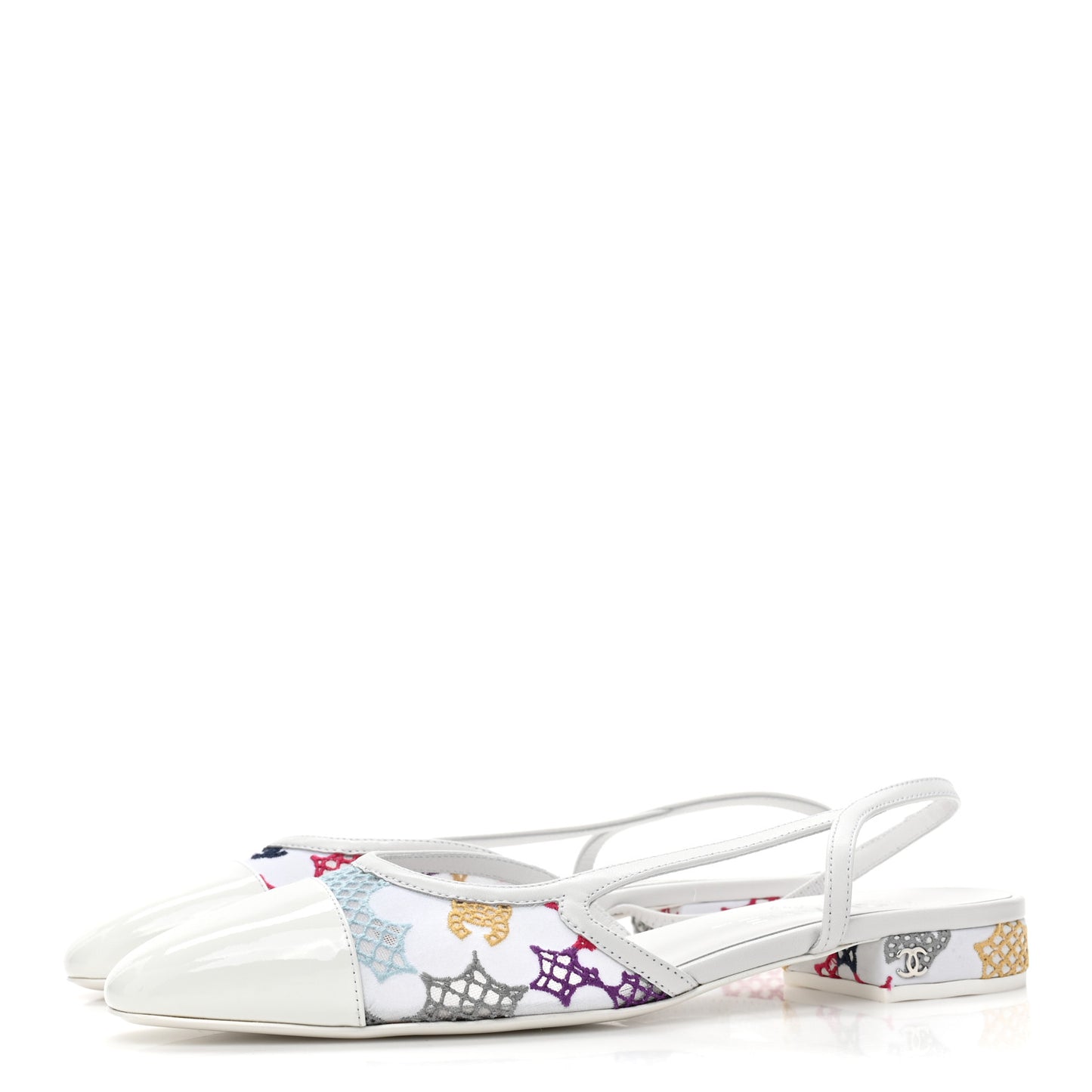 Cotton Guipure Patent Embroidered Floral Cap Toe CC Slingback Flats 39 White Multicolor