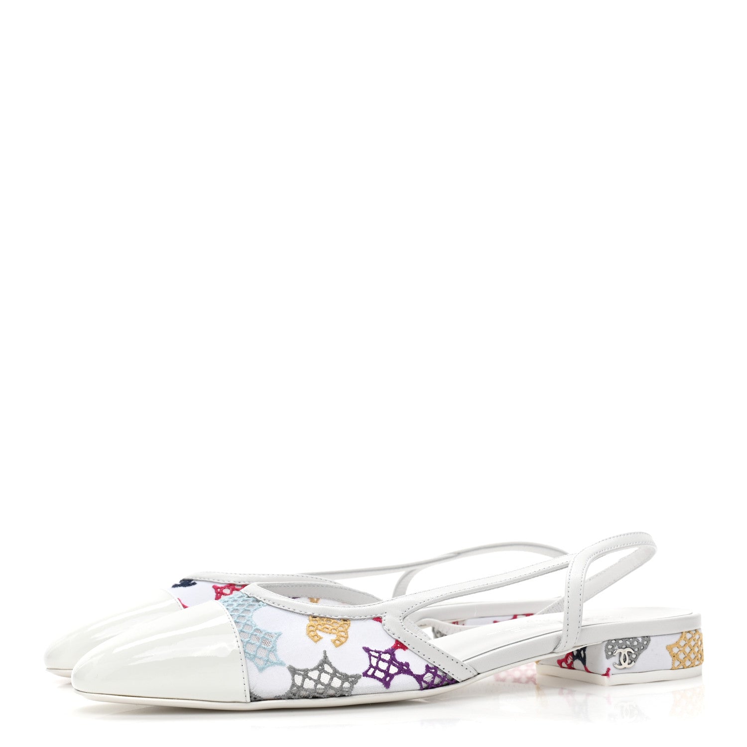 Chanel Cotton Guipure Patent Embroidered Floral Cap Toe CC Slingback Flats 39 White Multicolor 3 of 9
