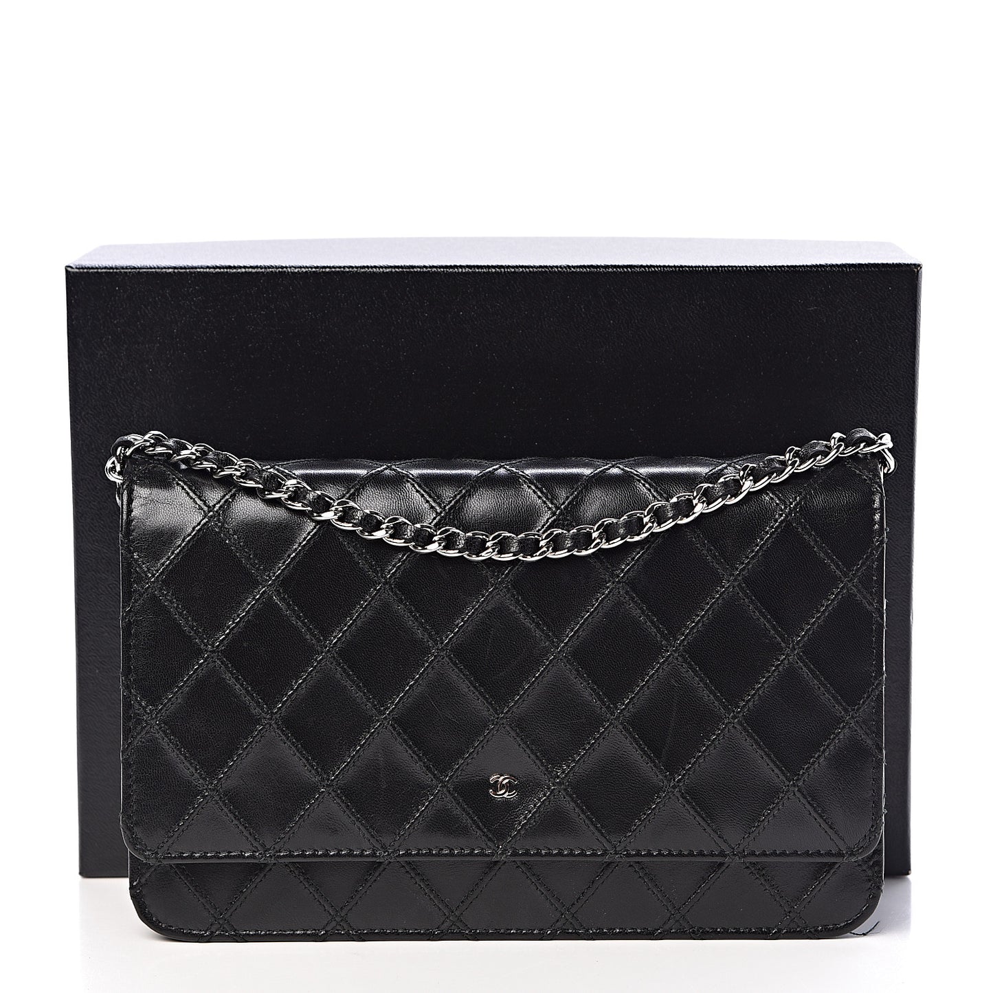 Lambskin Diamond Stitched Wallet On Chain WOC Black