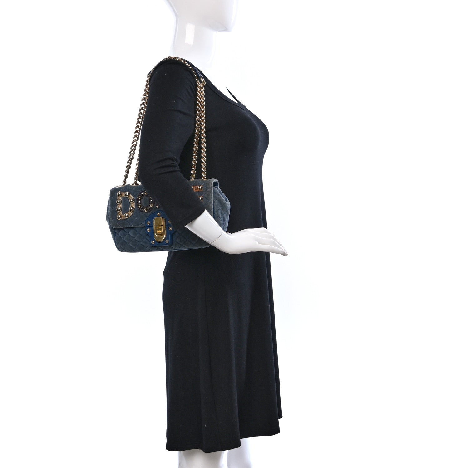 Dolce & Gabbana Velvet Watersnake Embellished Quilted Lucia Shoulder Bag Blue 3 of 11