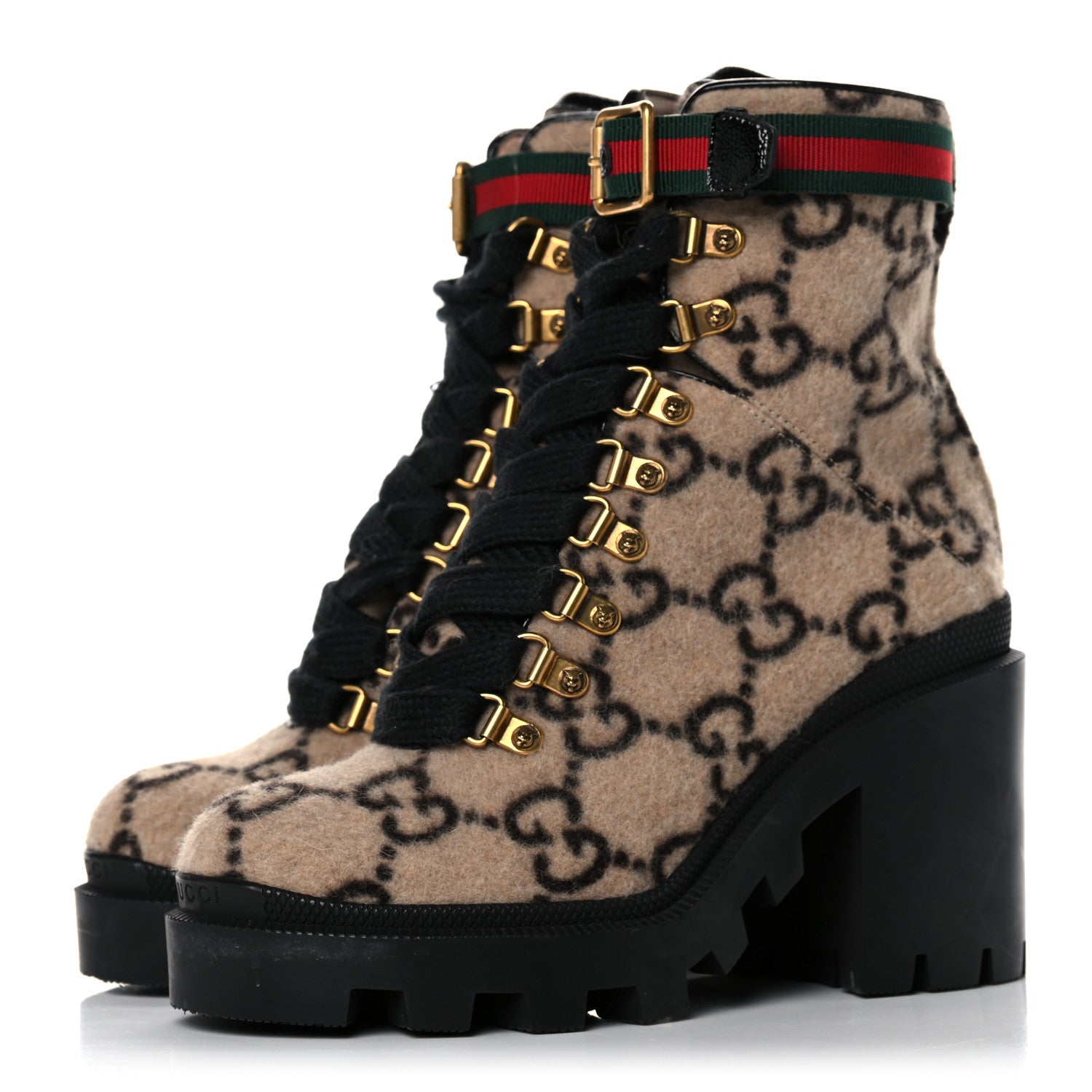 Gucci Covered Wool GG Monogram Womens Lace Up Combat Ankle Boots 35.5 Beige Ebony Black 3 of 14