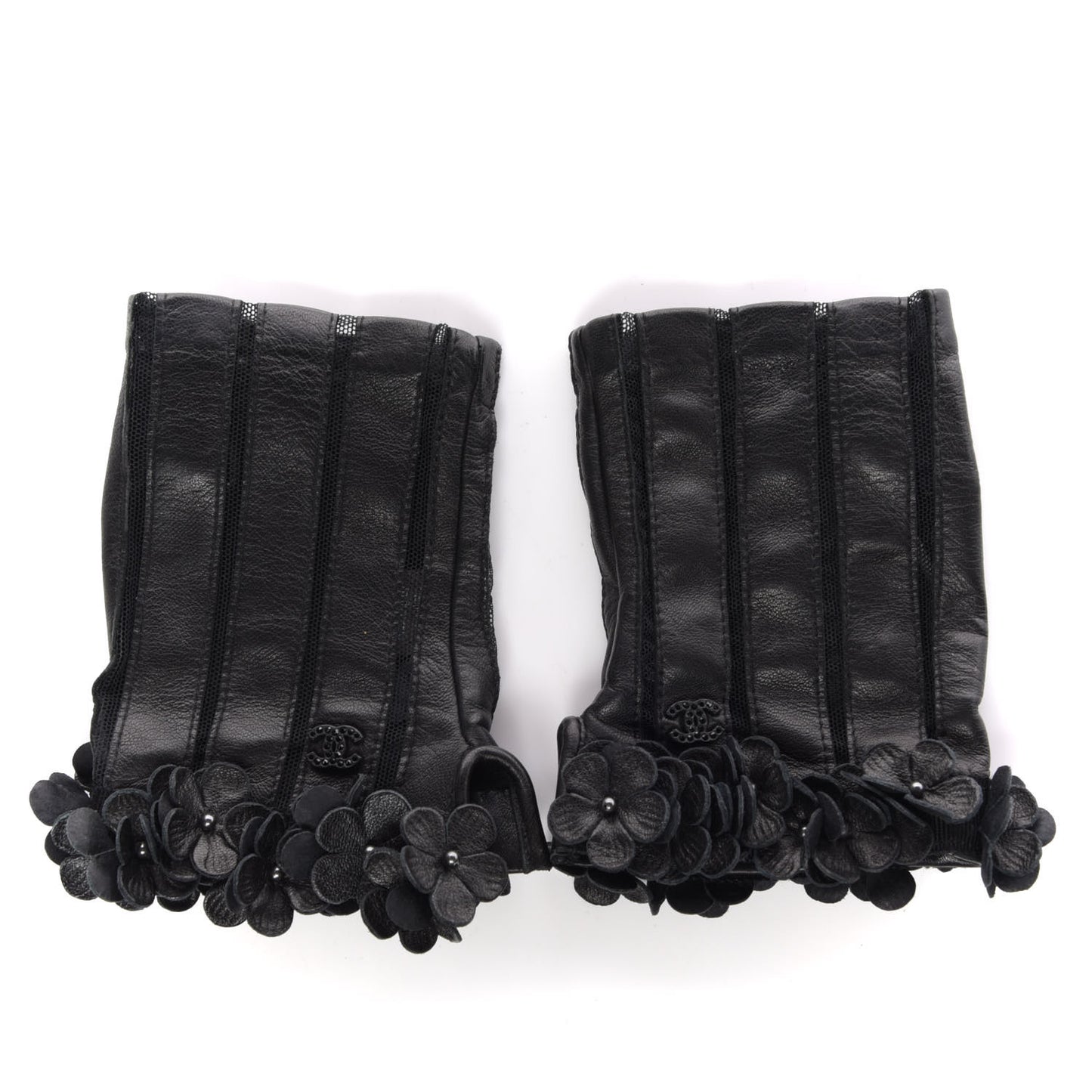 Lambskin Mesh Panel Camellia Fingerless Gloves 7 Black