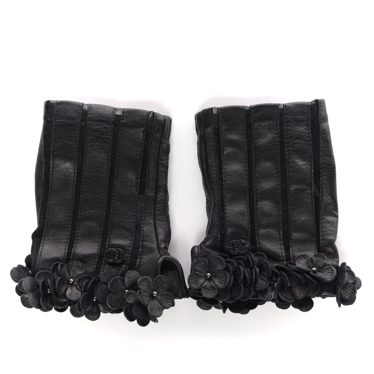 Chanel Lambskin Mesh Panel Camellia Fingerless Gloves 7 Black 3 of 6