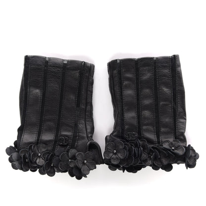 Chanel Lambskin Mesh Panel Camellia Fingerless Gloves 7 Black 3 of 6