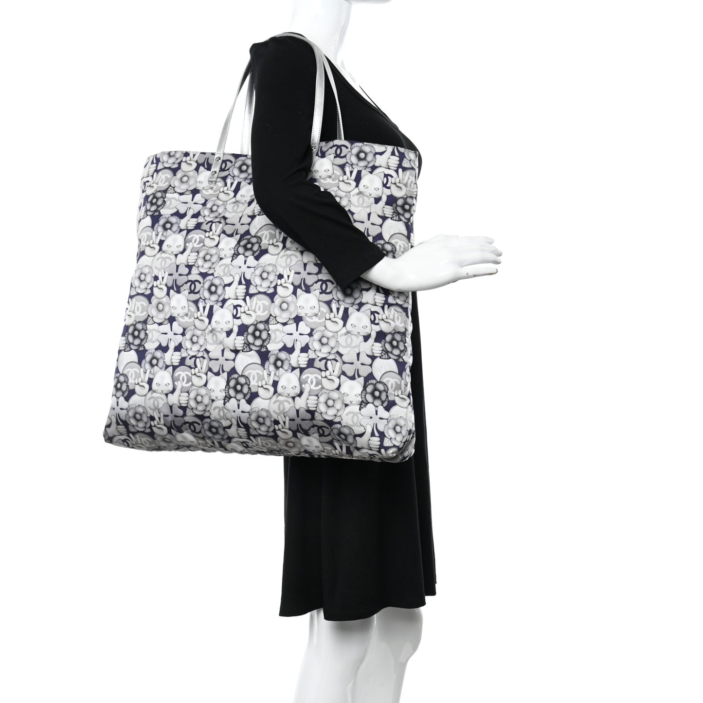 Nylon Cat Emoticon Tote Navy Silver
