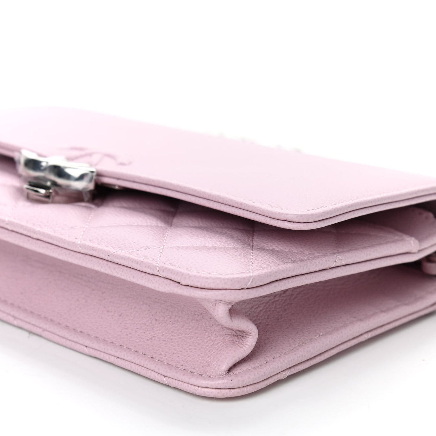 Grained Calfskin Quilted CC Box Wallet On Chain WOC Light Pink