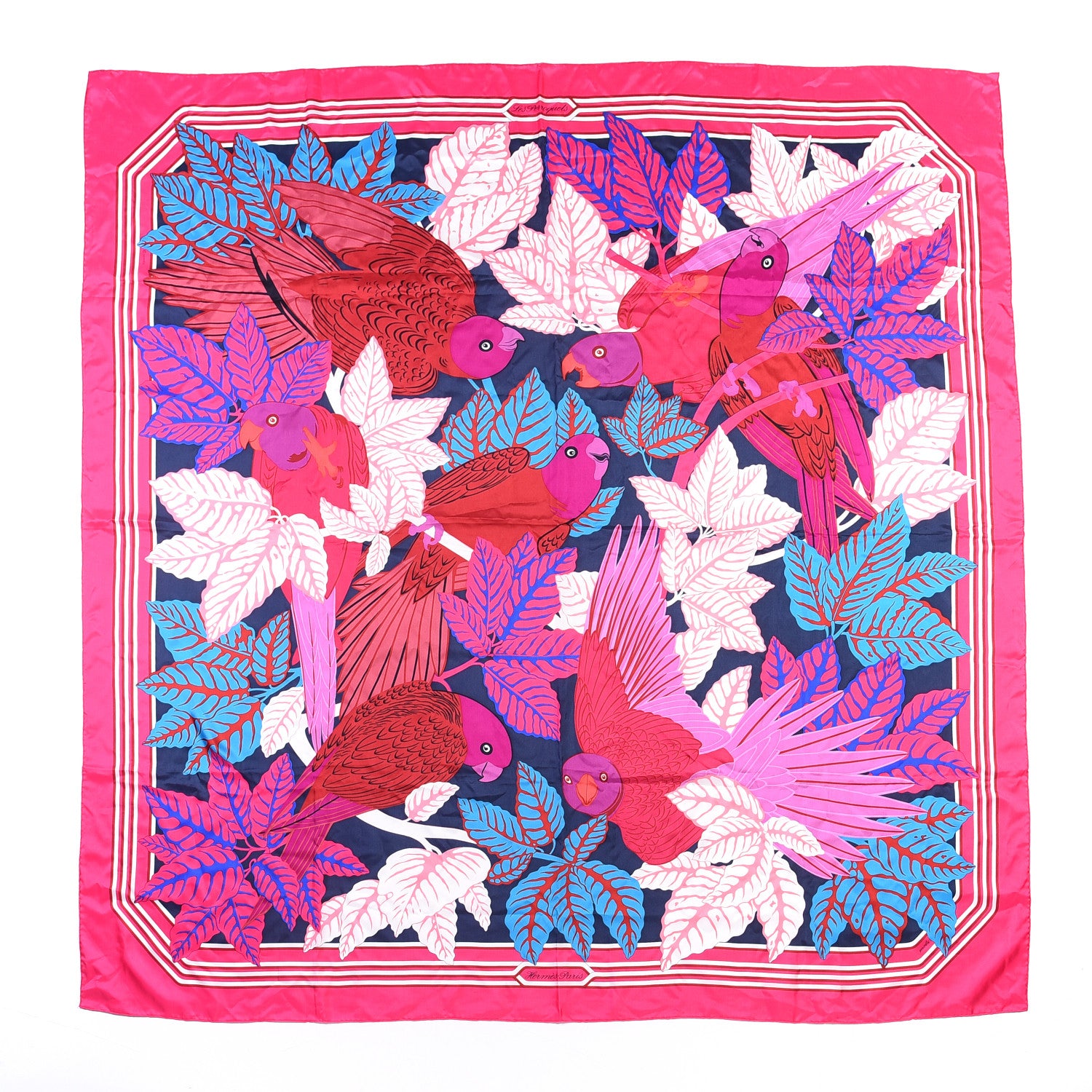 Hermes Silk Les Perroquets Shawl 140 Rose Vif Marine Bleu 1 of 4