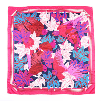 Hermes Silk Les Perroquets Shawl 140 Rose Vif Marine Bleu 1 of 4
