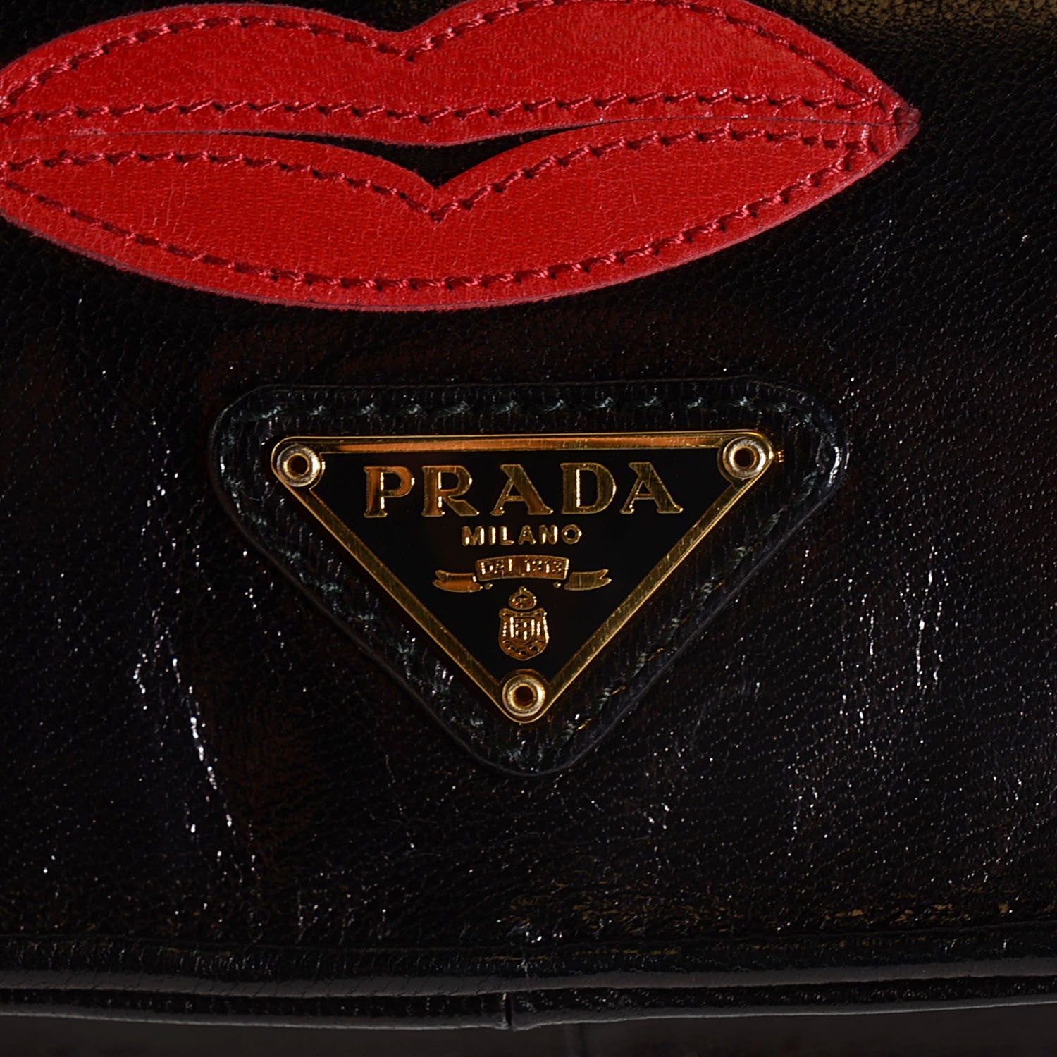 Prada Madras Embroidered Lips Flap Bag Nero Rosso 6 of 9