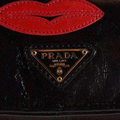 Prada Madras Embroidered Lips Flap Bag Nero Rosso 6 of 9