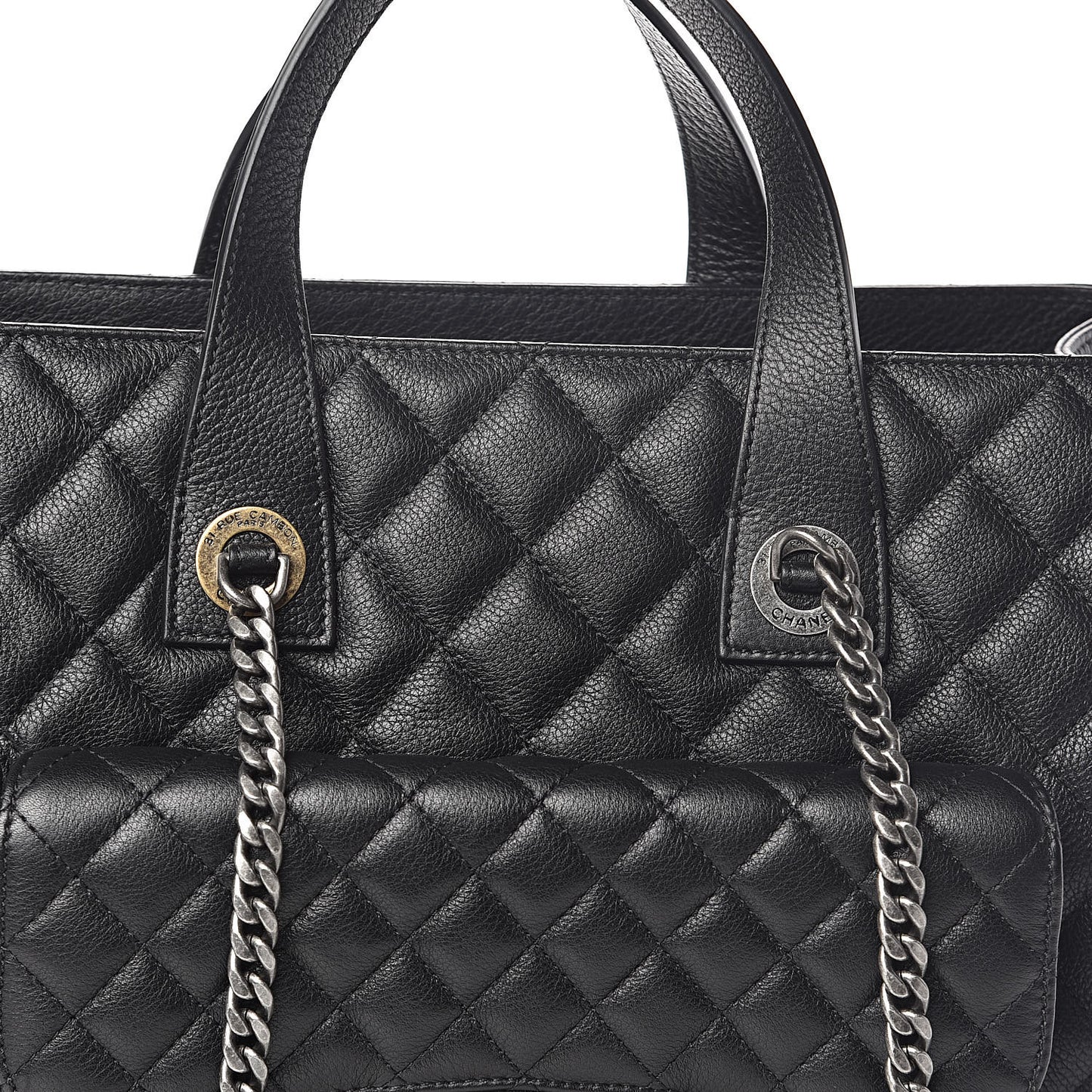 Metallic Grained Calfskin Quilted Large Casual Pocket Tote Black