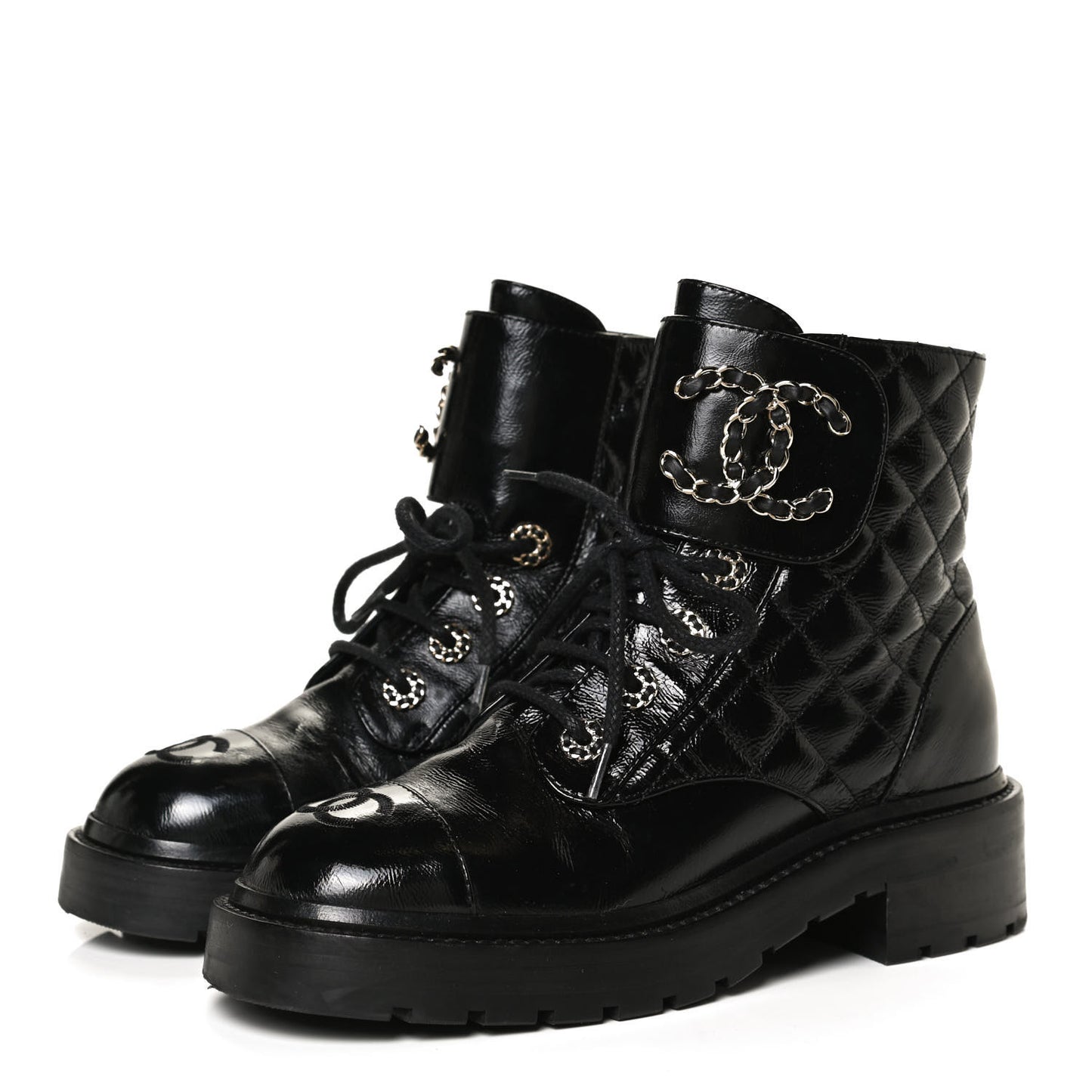 Shiny Calfskin Quilted Lace Up Combat Boots 35.5 Black
