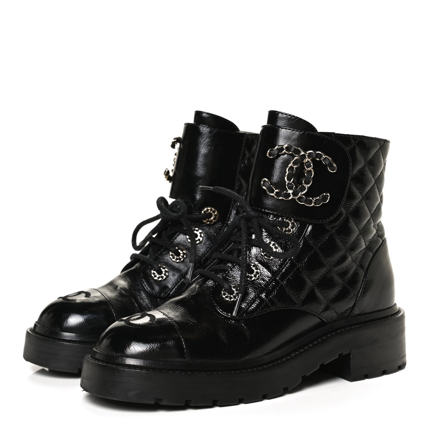 Chanel Shiny Calfskin Quilted Lace Up Combat Boots 35.5 Black 3 of 14