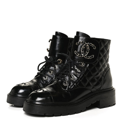 Chanel Shiny Calfskin Quilted Lace Up Combat Boots 35.5 Black 3 of 14