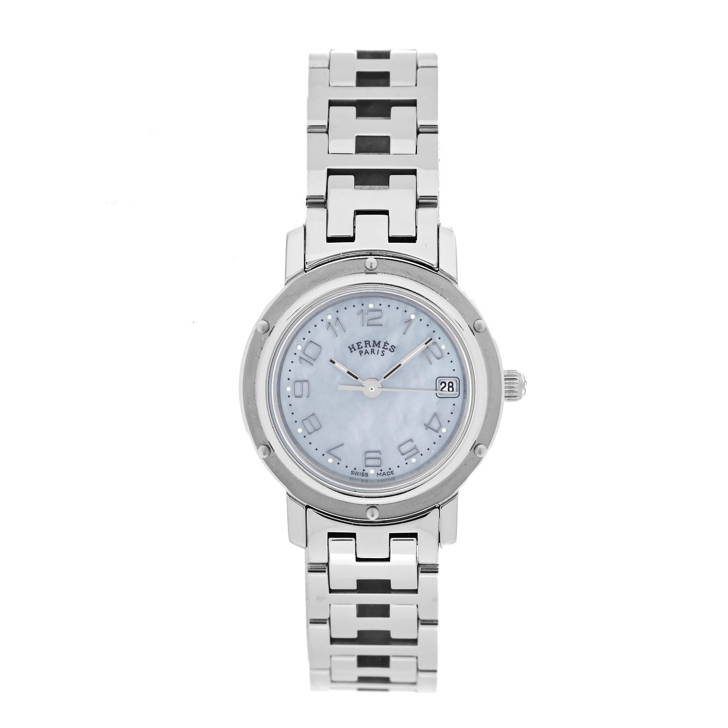 Hermes Stainless Steel Blue Mother of Pearl 24mm Clipper Quartz Watch 1 of 5